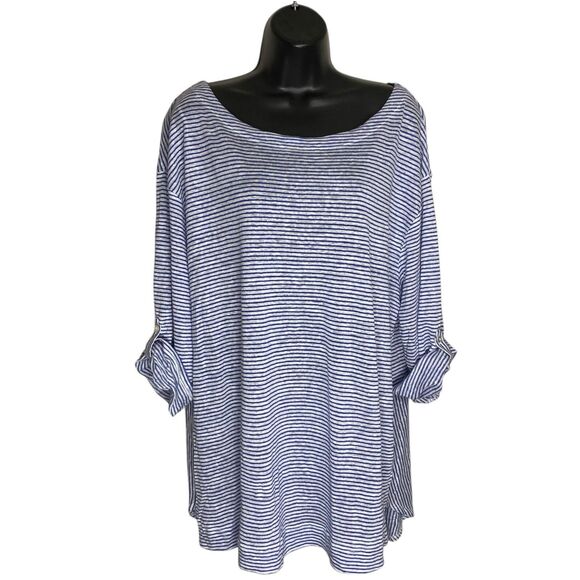 NWT Adrienne Vittadini Linen Top Womens 2X Roll Tab 3/4 Sleeve Striped Coastal - Picture 4 of 16